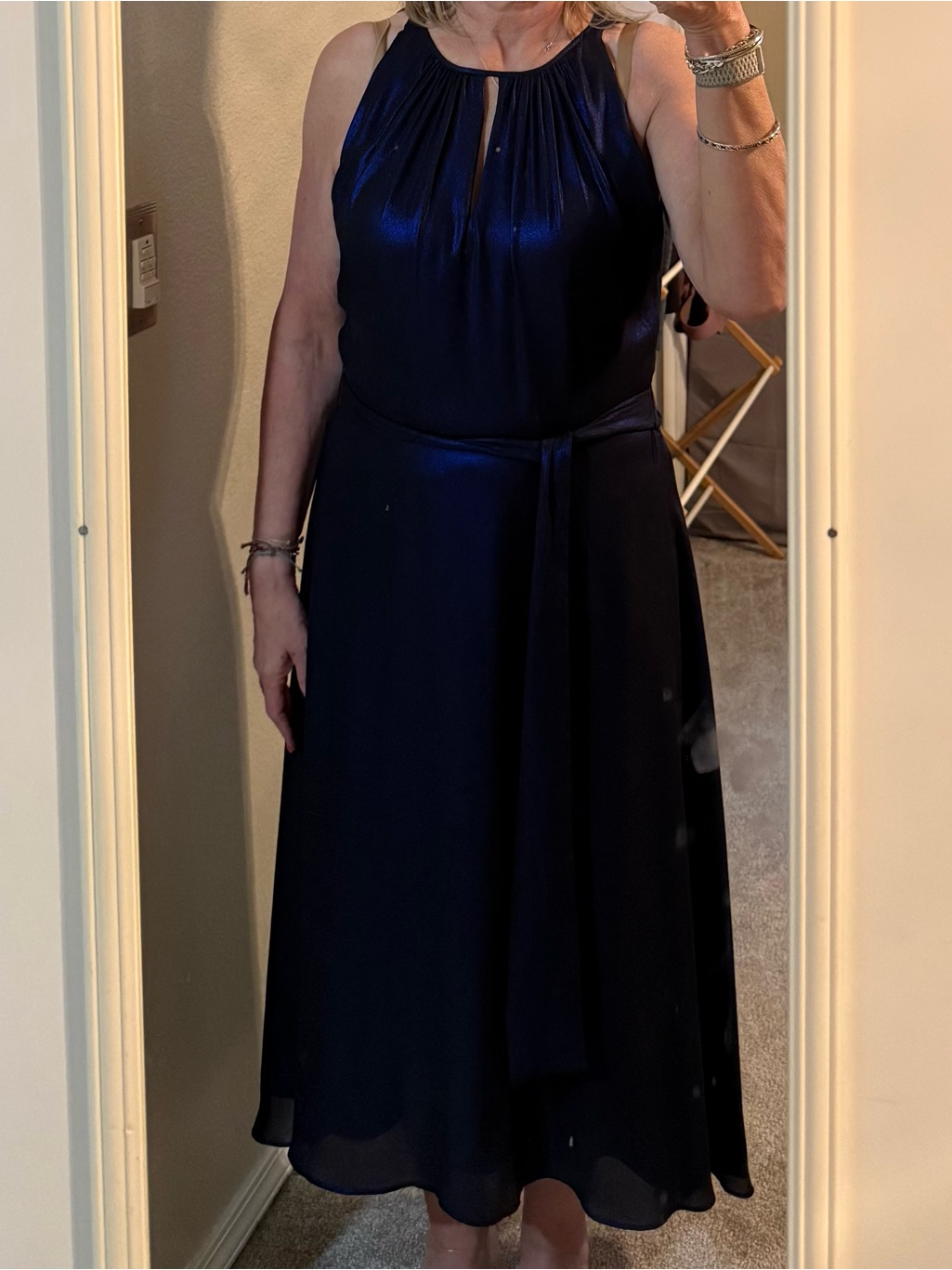 Elegant Navy Halter Midi Dress With Waist Tie